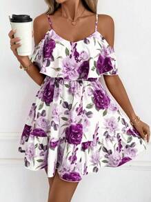 SHEIN Clasi 女士优雅花朵露肩连衣裙，适合日常外出和浪漫节日，春夏季 - 紫色 - 查看 1