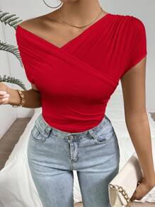 Firerie Tricou elegant pentru femei, culoare solidă, cu guler asimetric, înfășurat, de vară - roșu - Vizualizare 5