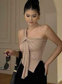 DAZY Sexy Off-Shoulder Camisole Top For Women, New Summer Design, Fitted With Asymmetrical Pleated Details, Cropped Length - Khaki - View 8