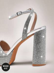 SHUZIA Women's Wide-Fit Rhinestone Ankle Strap Chunky Platform Heels For Christmas Valentine's Day Wide Fit - Silver - View 6