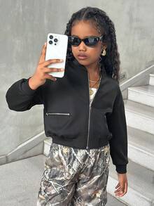 SHEIN Tween 女童休闲黑色拉链开衫夹克，秋冬 - 黑色 - 查看 5