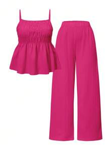 Set de 2 piezas de top de tirantes informal y pantalones de pierna ancha para niña y adolescente, tela ligera, para verano