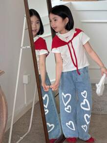 Young Girl Denimly Fashionable Casual Cute Heart Print Outdoor Elastic Waist Washed Denim Jeans, Summer Jeans,Heart Print, Summer, Girl,Must Have Daily Fashion Item