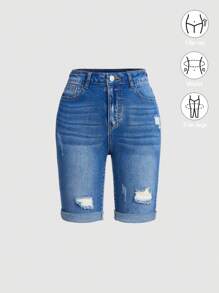 SHEIN Girlism Short vaquero de cintura alta, deshilachado y dobladillo enrollado para adolescentes, short vaquero de verano para niños