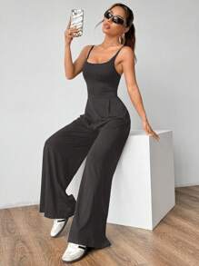 Flirla 纯色露背吊带背心和直腿宽松连体裤 - 灰色 - 查看 5