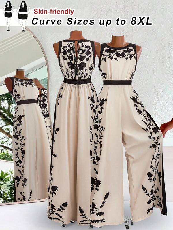 SHEIN CURVE+ Plus Size Women Daily Casual Vacation Printed Round Neck Sleeveless Jumpsuits