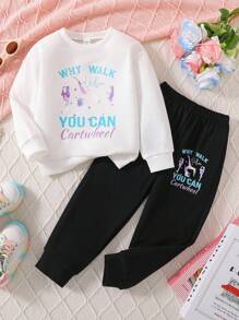 2 件套年轻女孩休闲运动英伦印花套头长袖上衣 + 抽绳裤套装，秋冬 - 白色 - 查看 1