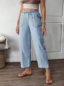 EMERY ROSE Women's Belted Pocket Casual Wide Leg Tapered Jeans