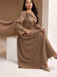 Veilorie Vestidos árabes con hebilla metálica asimétrica y dobladillo con onda - Marrón - Ver 4