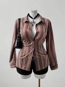 Sunspun Camicetta a maniche lunghe a righe di grandi dimensioni, marrone, aderente, casual, preppy, elegante, da ufficio, per appuntamenti e raduni per donne