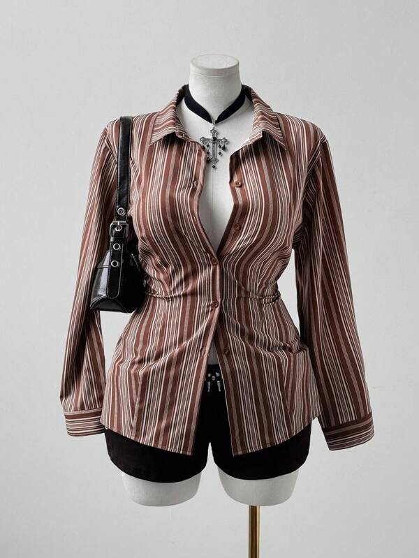 Sunspun Camicetta a maniche lunghe a righe di grandi dimensioni, marrone, aderente, casual, preppy, elegante, da ufficio, per appuntamenti e raduni per donne