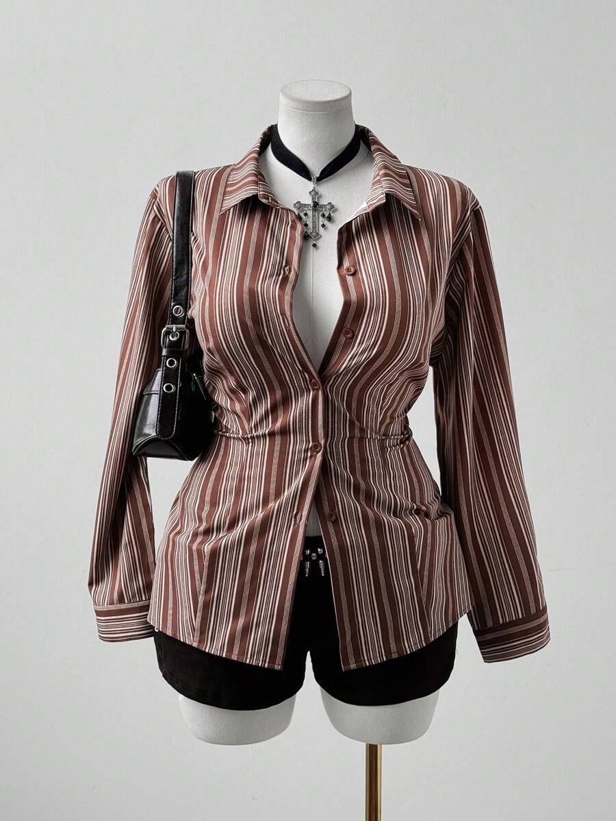 Sunspun Camicetta a maniche lunghe a righe di grandi dimensioni, marrone, aderente, casual, preppy, elegante, da ufficio, per appuntamenti e raduni per donne