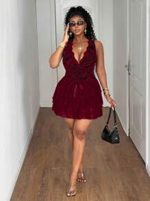 Maweii Valentine Sexy & Elegant Lace Patchwork Sleeveless Mini Bodycon Dress, Plus Size Black Skater Dress For Daily & Date Wear - Burgundy - View 3