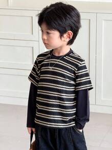 Zikori Zikori Young Boys Casual Black & White Striped Round Neck Long Sleeve T-Shirt