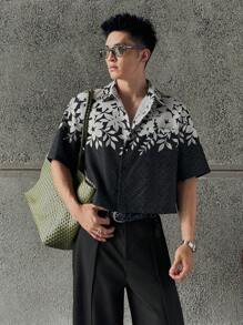 ESTAVOR 1 件男士休闲花卉印花短袖黑白梭织衬衫，适合夏季 - 彩色 - 查看 3