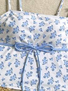 Swim Mod Women's New Fashion Ditsy Floral Cute Sexy Fitted Spaghetti Strap Tank Top With Bow Knot Strap & Triangle Bikini Swimsuit, Summer Beach Swimwear Set