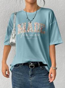 Plus Size Women Casual Daily Tiny Floral & Letter Print Round Neck Loose T-Shirt - Dusty Blue - View 3