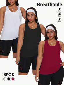 Easithlete 3 件套加大码女式无袖运动背心，图案印花，适合春夏季 - 彩色 - 查看 2