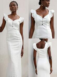 Lumivelle Women Square Neck Floral Cap Sleeve Cap Sleeve White Embroidery Fitted Dress, Ruffle Hem, Summer Vacation Dress, Boho Style - White - View 1