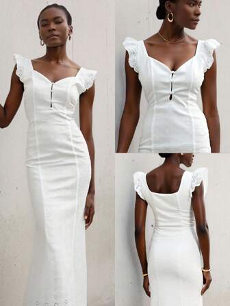 Lumivelle Women Square Neck Floral Cap Sleeve Cap Sleeve White Embroidery Fitted Dress, Ruffle Hem, Summer Vacation Dress, Boho Style