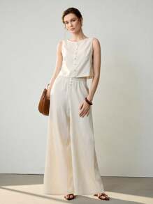 Uhlyne Women's Linen Casual & Elegant Spring, Fashionable Basic Everyday Commuting High-End Feel, Old Money Style Fake Button Design Pants,Autumn,Minimalist,Business Casual,Holiday,Work Wear,Teacher,Back To School,Fall - Apricot - View 8