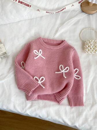 SHEIN Vintaside Kids Pullover da ragazza con decorazione a fiocco, collo rotondo, moda e versatile