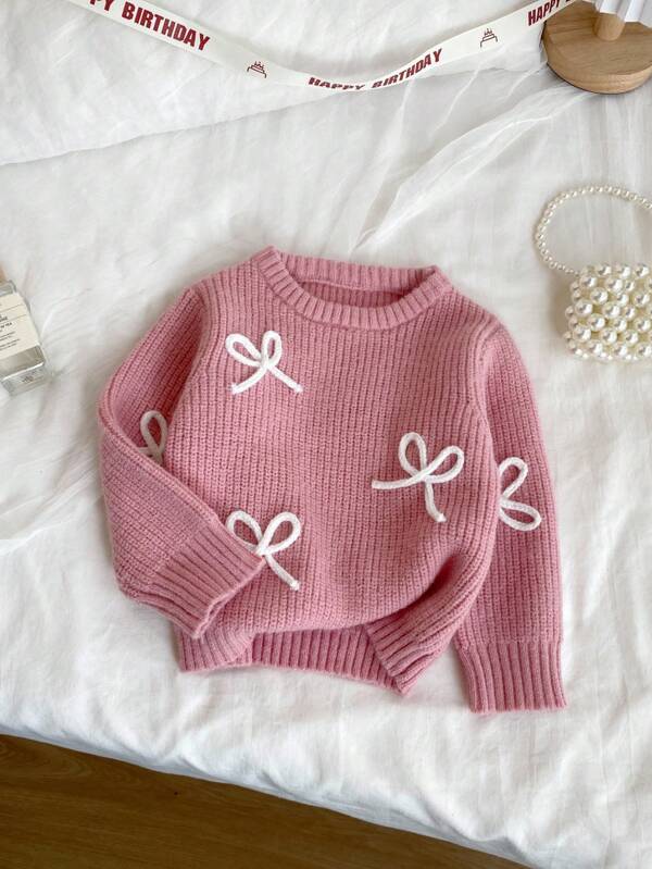 SHEIN Vintaside Kids Cute Bow Decor Girls Pullover Round Neck Sweater, Fashion & Versatile Pink Sweater For Girls Girls Pink Knit Sweater Tween Girl Pink Bow Sweater Bow Knit Sweater Girls Girls Knit Sweater With Bows Girls Pink Bow Sweater Tween Girl Sweater Kids Pink Sweater Dusty Pink Knit Pullover For Girls With Embroidered Bow Details And Cute Round Neck Style Cute Dusty Pink Knit Sweater For Girls With Long Regular Sleeves And Embroidered Letter Design Girls' Round Neck Dusty Pink Sweater With Tight Hem Tween