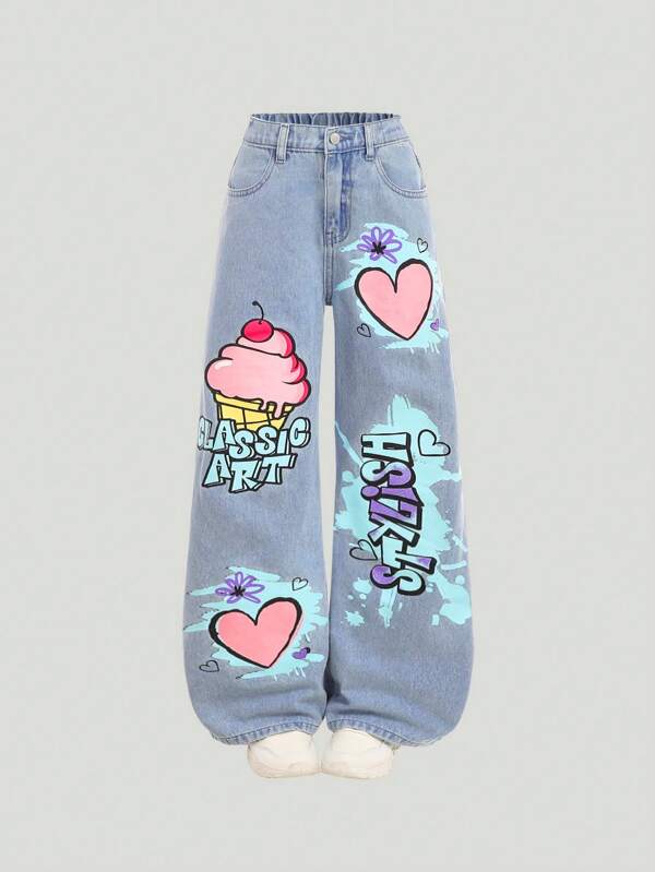 SHEIN Girlism Tween Girl Light Blue Denim Baggy Wide Leg Pants With Cute Heart & Ice Cream Letter Pattern,Summer Beach Boho Vacation Shorts Fall Winter