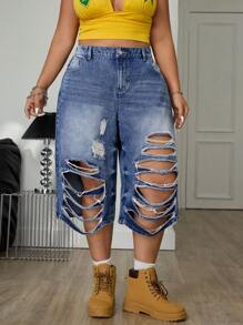 Jeanoix Plus Size Casual Distressed Loose Fit Denim Jeans - Blue - View 1