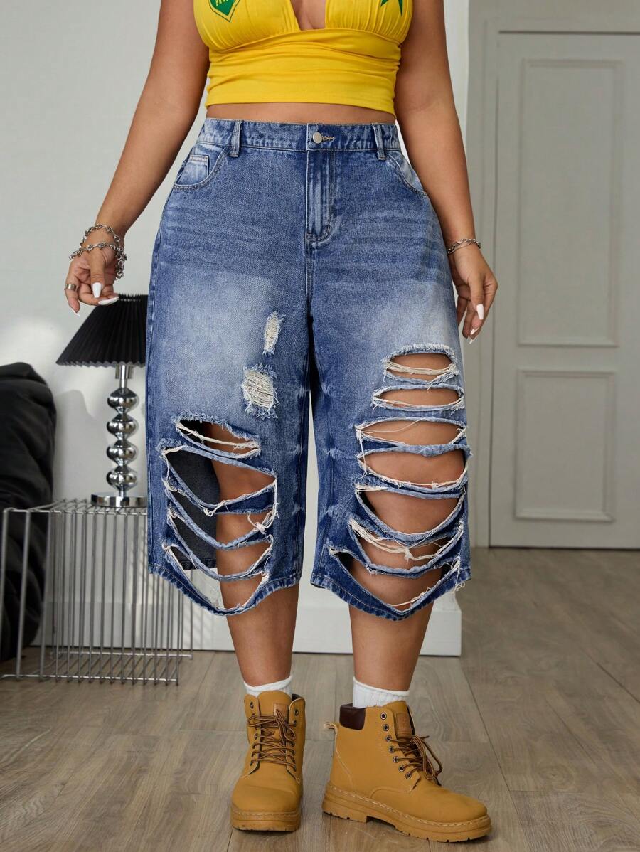 Jeanoix Plus Size Casual Distressed Loose Fit Denim Jeans - Blue - View 1