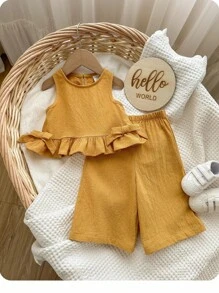 Baby Girl Cute Solid Color Ruffle Hem Camisole & Pants 2Pcs Suit, Summer