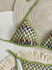 Swim Vcay Women's 2pcs Vacation Beach Contrast Color Tie-Up Halter Neck Bikini Set, Summer