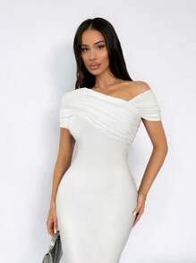 SHEIN SXY 女式纯色褶皱不对称领口优雅短袖连衣裙 - 白色 - 查看 6