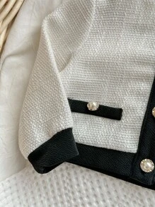 Baby Girls Elegant Contrast Binding 3D Floral Decor Woven Jacket And Elastic Waist Shorts Set, Autumn/Winter - White - View 3