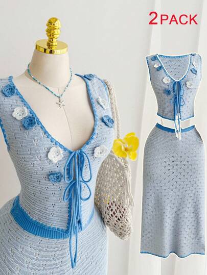 Comfortcana Plus Size Women's Light Blue Tie-Up Holiday Casual Knitted Vest Dress Set, Summer Vacation