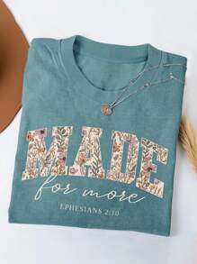 Plus Size Women Casual Daily Tiny Floral & Letter Print Round Neck Loose T-Shirt - Dusty Blue - View 1