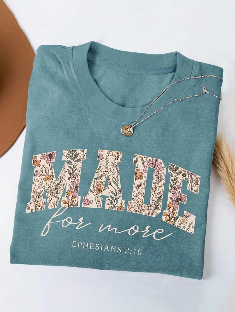 Plus Size Women Casual Daily Tiny Floral & Letter Print Round Neck Loose T-Shirt - Dusty Blue - View 1