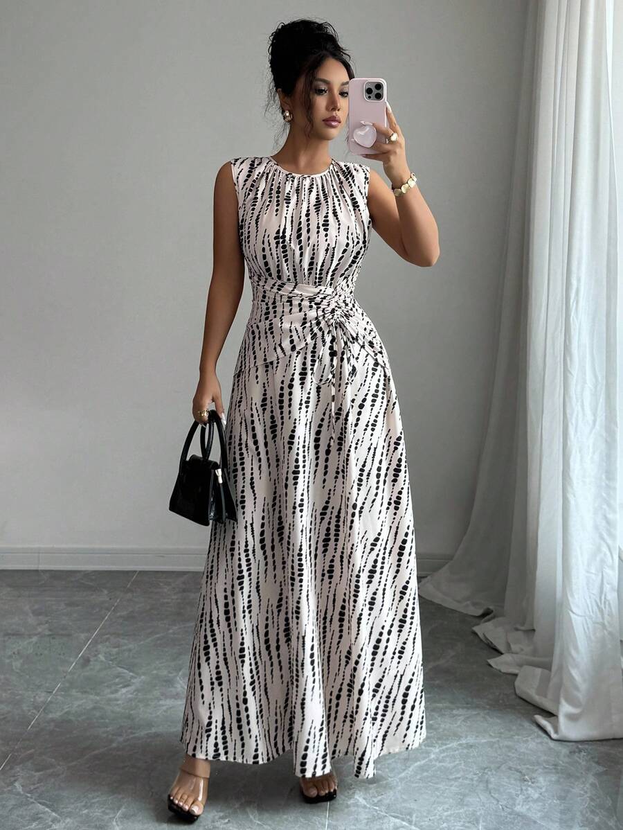 Elenzga Women's Elegant Casual Maxi Dress Sleeveless Round Neck Knot Detail Long Dress In Abstract Black And White Print Long Summer Dress Sleeveless Maxi Dress Ankle Length Dress Printed Maxi Dress - Multicolor - View 1