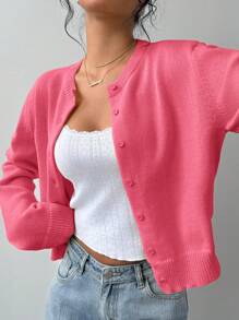 SHEIN BASICS Solid Color Crew Neck Long Sleeve Loose Cropped Cardigan Sweater For Women Fall Clothes For Women,Tops For School - Hot Pink - View 6