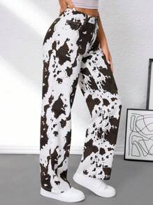 SHEIN Tall Jeans anchos y sueltos de estilo casual con estampado de vaca, jeans blancos para mujer, ropa de mujer para otoño, jeans de vuelta al colegio