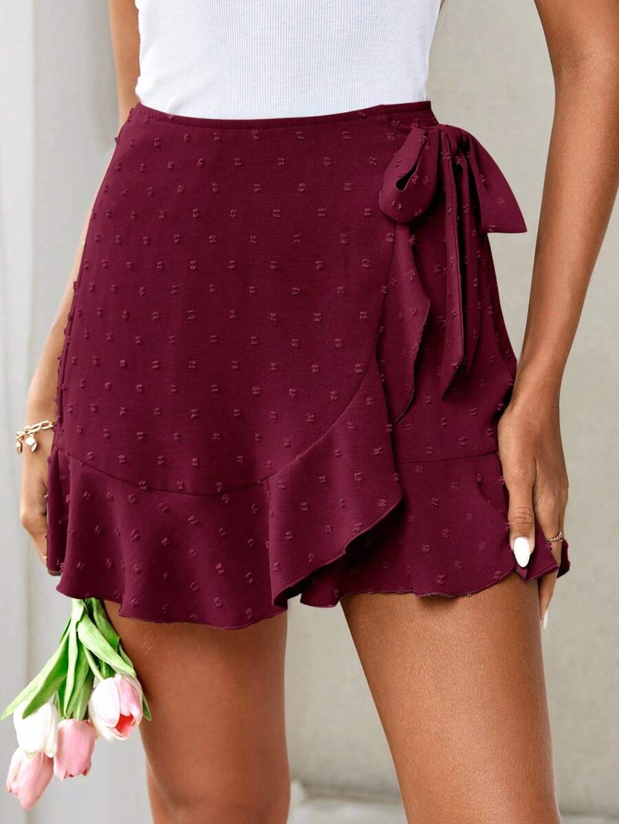 Firerie Quần short buộc gấu xếp nếp chấm bi Thụy Sĩ màu trơn mùa hè cho nữ - Màu Đỏ Sâu - Xem 1