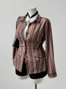 Sunspun Camicetta a maniche lunghe a righe di grandi dimensioni, marrone, aderente, casual, preppy, elegante, da ufficio, per appuntamenti e raduni per donne