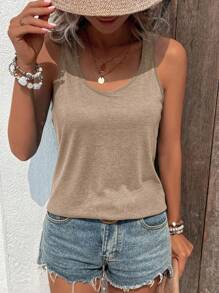 SHEIN LUNE Áo ba lỗ cổ tròn rộng rãi màu trơn cho nữ, mùa hè - Màu Khaki - Xem 5