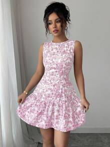 Elenzga Đầm ngắn cổ tròn không tay họa tiết hoa thanh lịch phong cách Bohemian dành cho nữ dự tiệc tốt nghiệp, trang phục thời trang cho mùa xuân/hè - Hồng - Xem 6