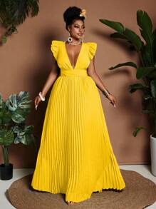 Maweii Plus Size V-Neck Ruched Back Tie-Shoulder Elegant Dress - Yellow - View 1
