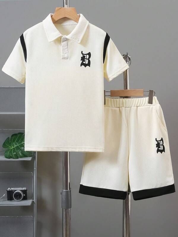 2 pezzi/set Polo e bermuda in color-block casual per ragazzo pre-adolescente, completo estivo