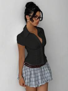 Aloruh 女士优雅白色短袖褶腰衬衫，办公室通勤休闲百搭，春夏 - 黑色 - 查看 2