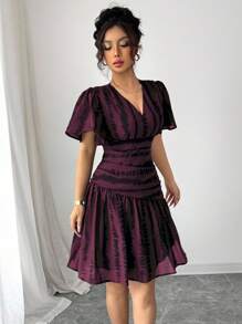 Elenzga Women's Elegant Zebra Print V-Neck Waist Ruched A-Line Flare Sleeve Midi Dress, Suitable For Commute, Afternoon Tea, Party, Easter, Middle East - Maroon - View 5