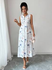 SHEIN PETITE Abito casual da donna con scollo a V, stampa floreale, senza maniche, con tasche, lavorato a maglia, adatto alle vacanze