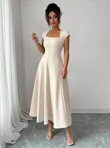 Elenzga Women's Elegant Square Collar Cinched Waist A-Line Midi Dress, Casual Vacation Style For Spring & Summer, Suitable For Commuting, Beach, Music Festival, Oktoberfest